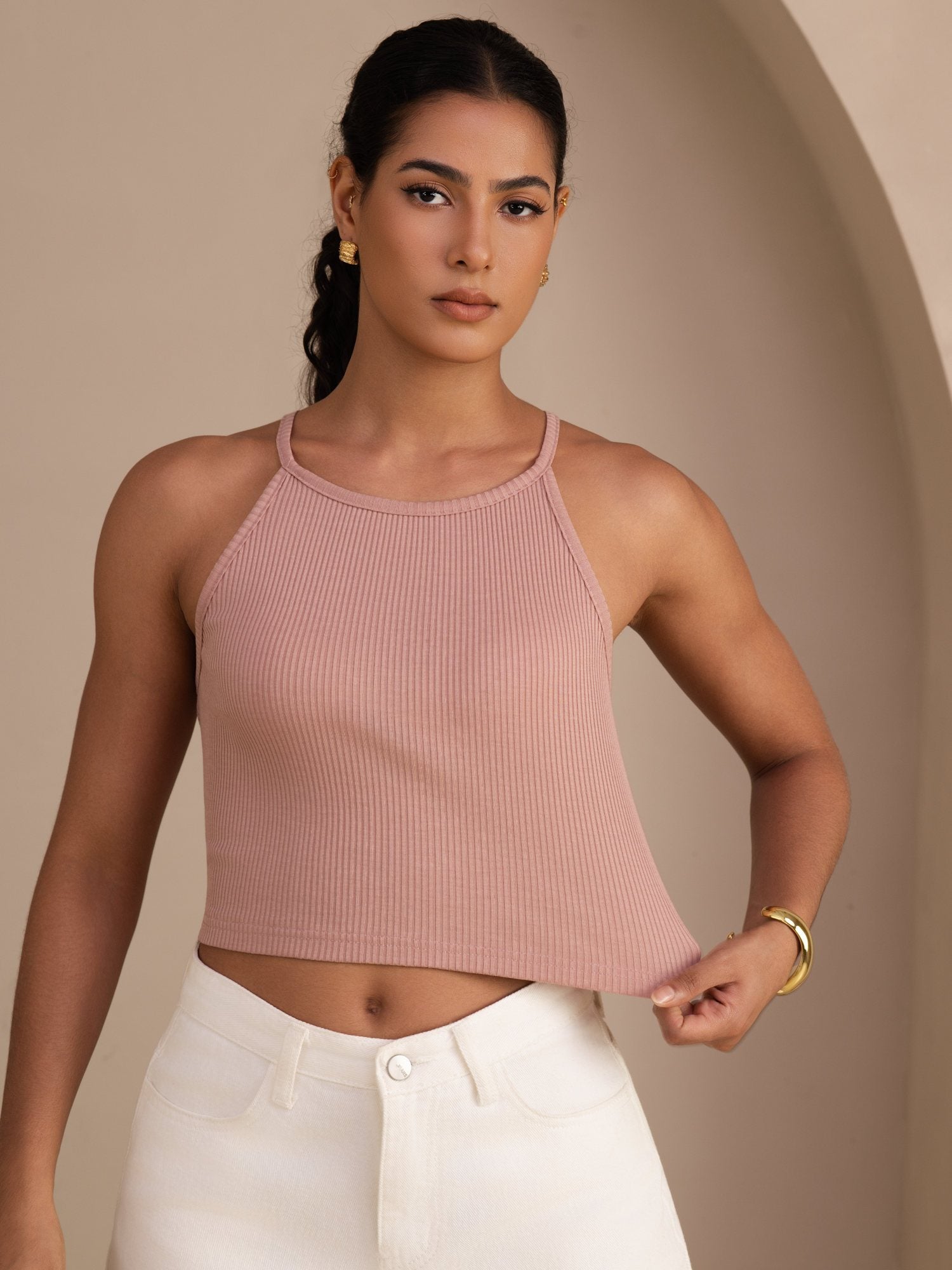Damen Crop Tanktop Aus Seiden Baumwollmischung Mit Rundhalsausschnitt Und Ärmellosem Design