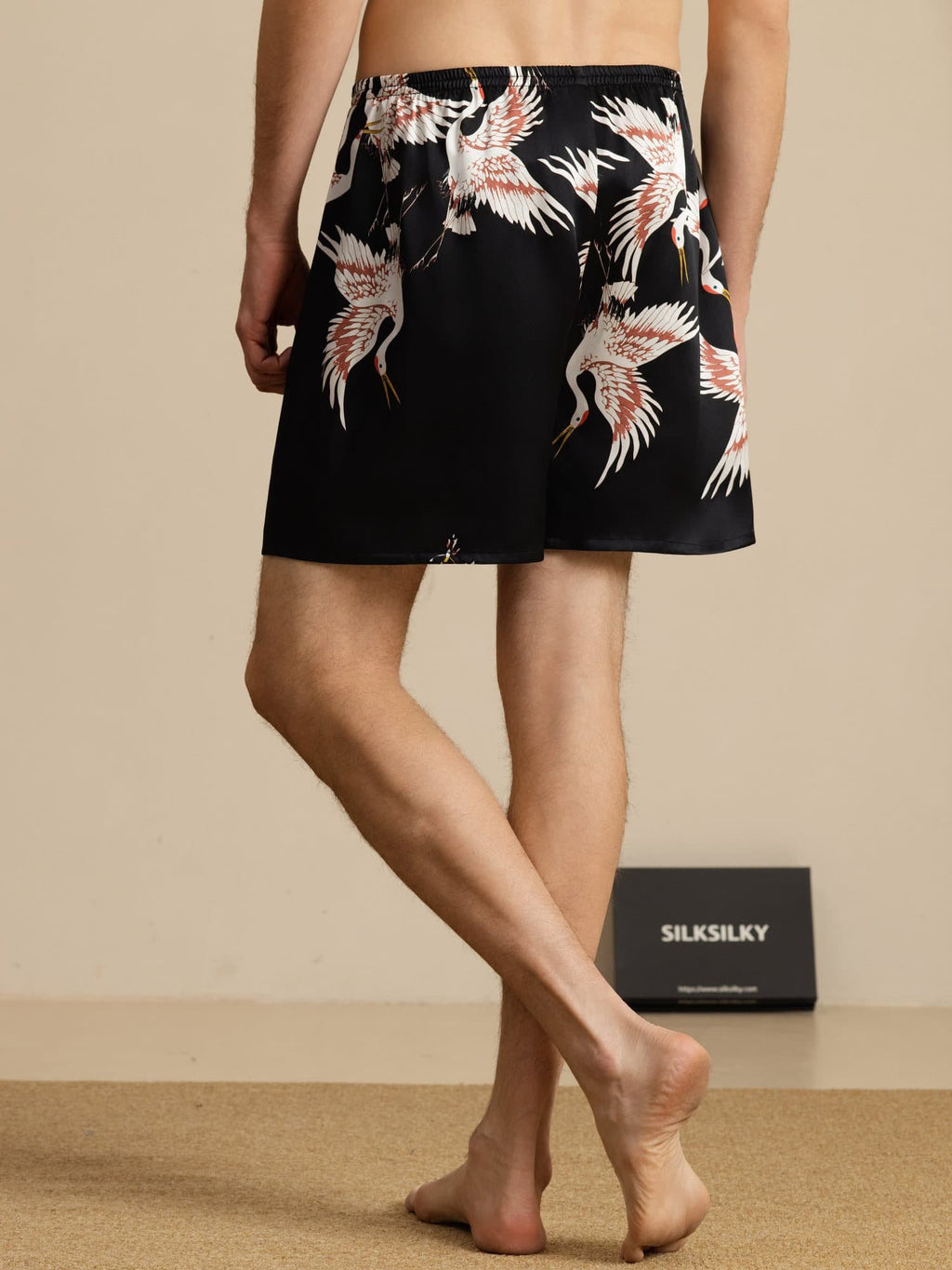 19Momme Reine Seide Herren Kranich Druck Elastischer Taillen Schlaf Shorts
