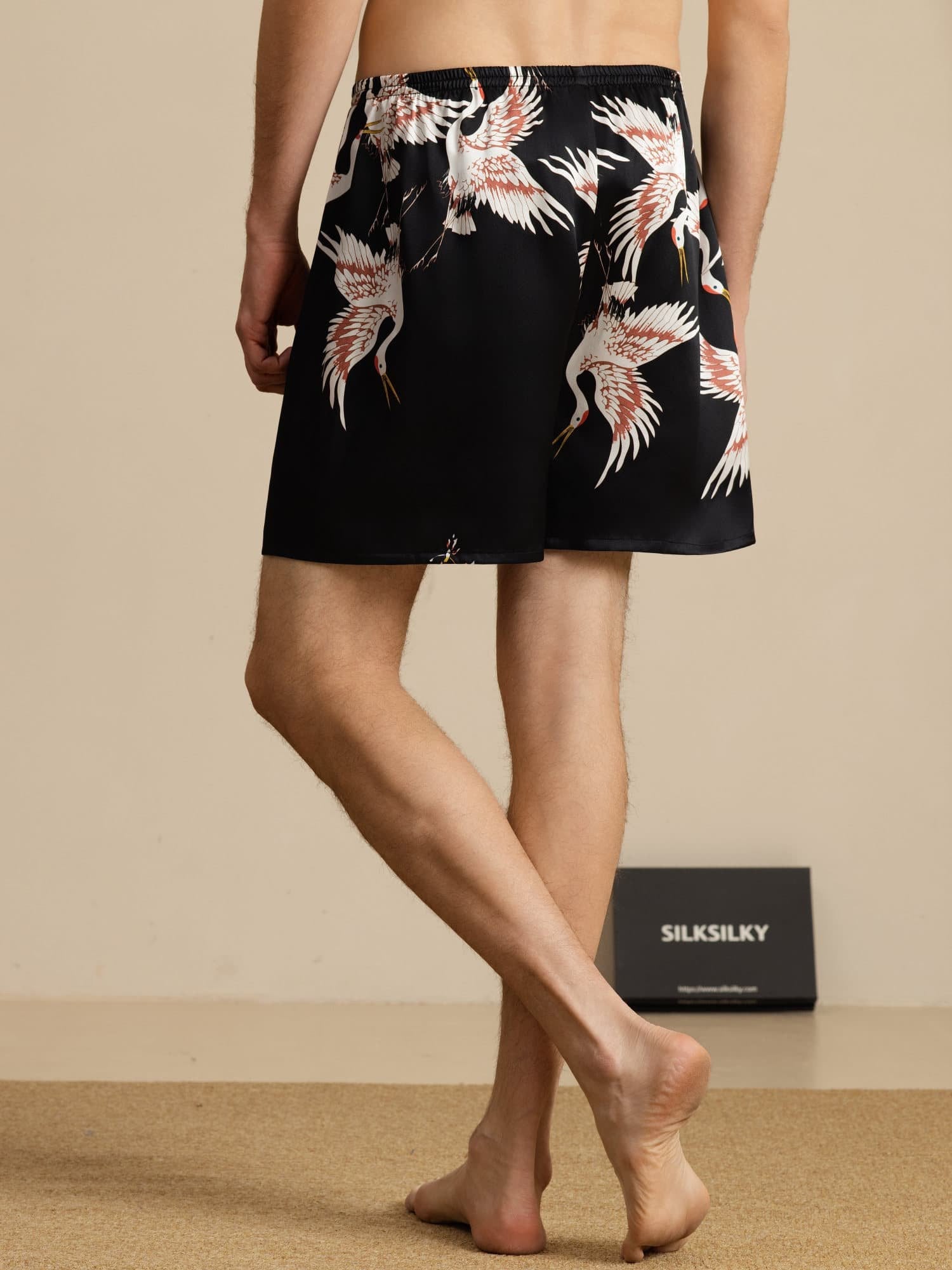 19Momme Reine Seide Herren Kranich Druck Elastischer Taillen Schlaf Shorts