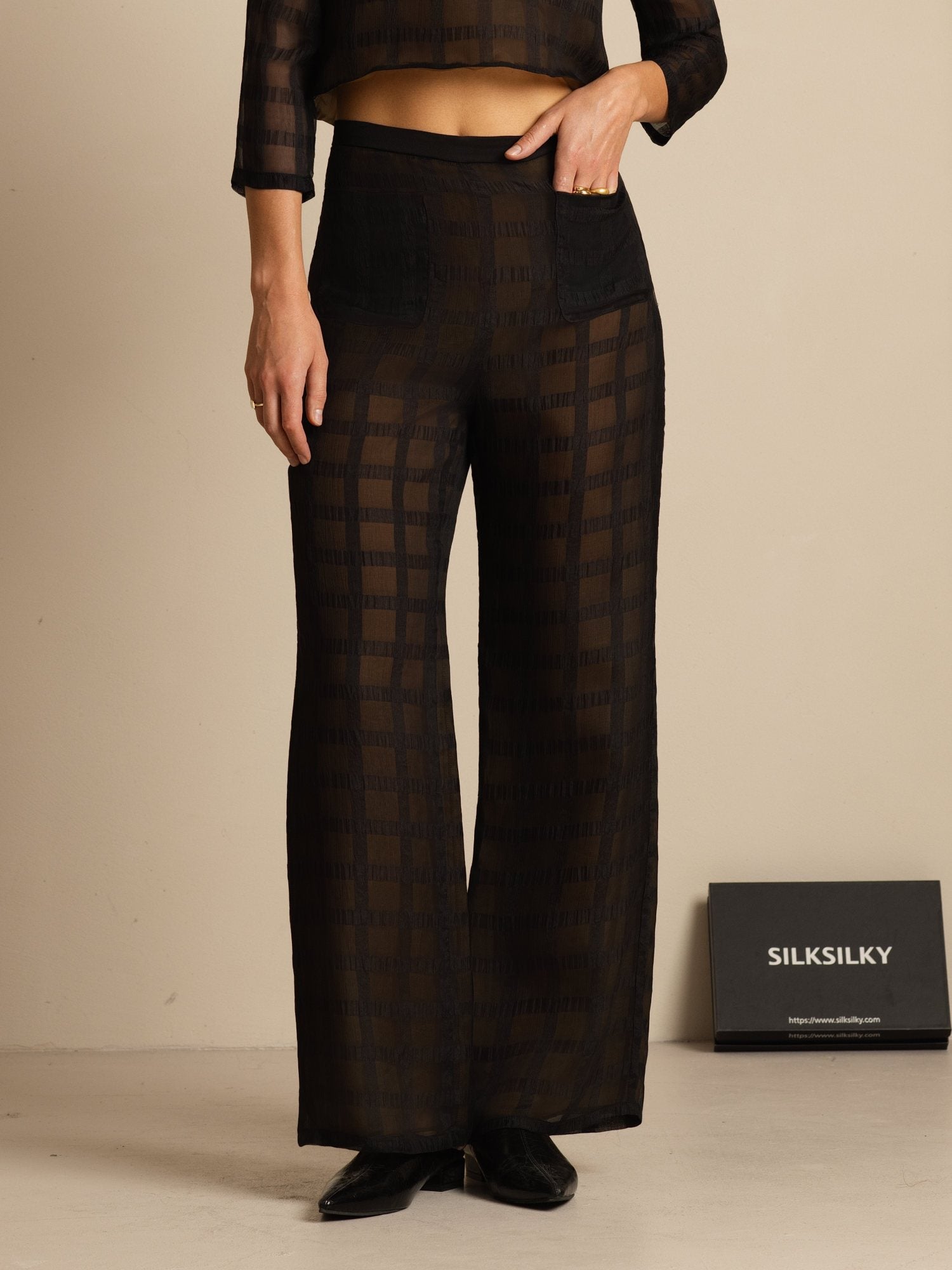Clearance - Reine Seide Damen High-Waist Strukturierte Gitter Wide-Leg Hose Mit Taschen