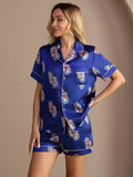 100% Maulbeerseide Damen Kurzararm Knopf Pyjama Set Mit Seepferdchen Print