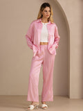 19 Momme Seide Damen Nadelstreifen Muster Langarm Hemd Und Lange Hose Set