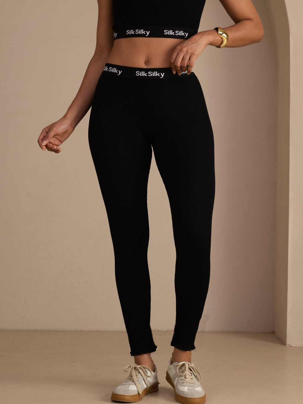 Seide Baumwolle Hochtaillierte Kordel Schlanke Jogger Hose Mit Seitentaschen