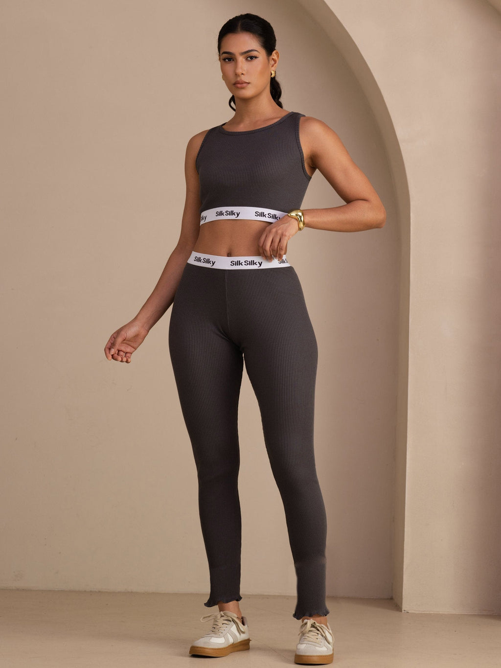 Seide Baumwolle Hochtaillierte Kordel Schlanke Jogger Hose Mit Seitentaschen