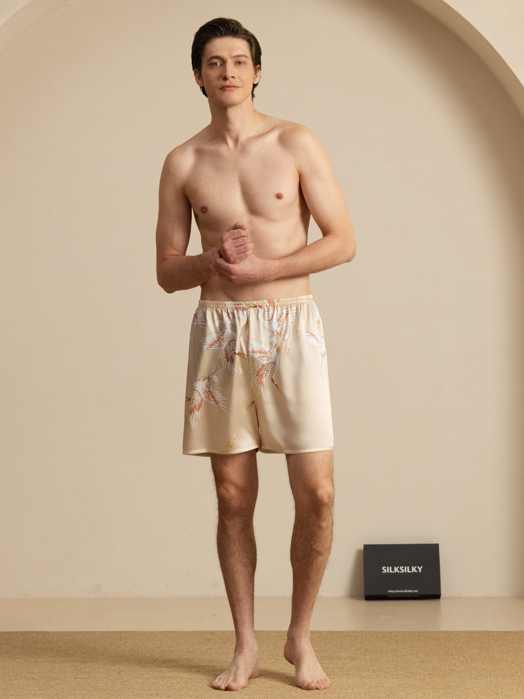 19Momme Reine Seide Herren Kranich Druck Elastischer Taillen Schlaf Shorts