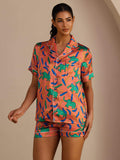 100% Maulbeerseide Damen Kurzararm Knopf Pyjama Set Mit Elefanten Print