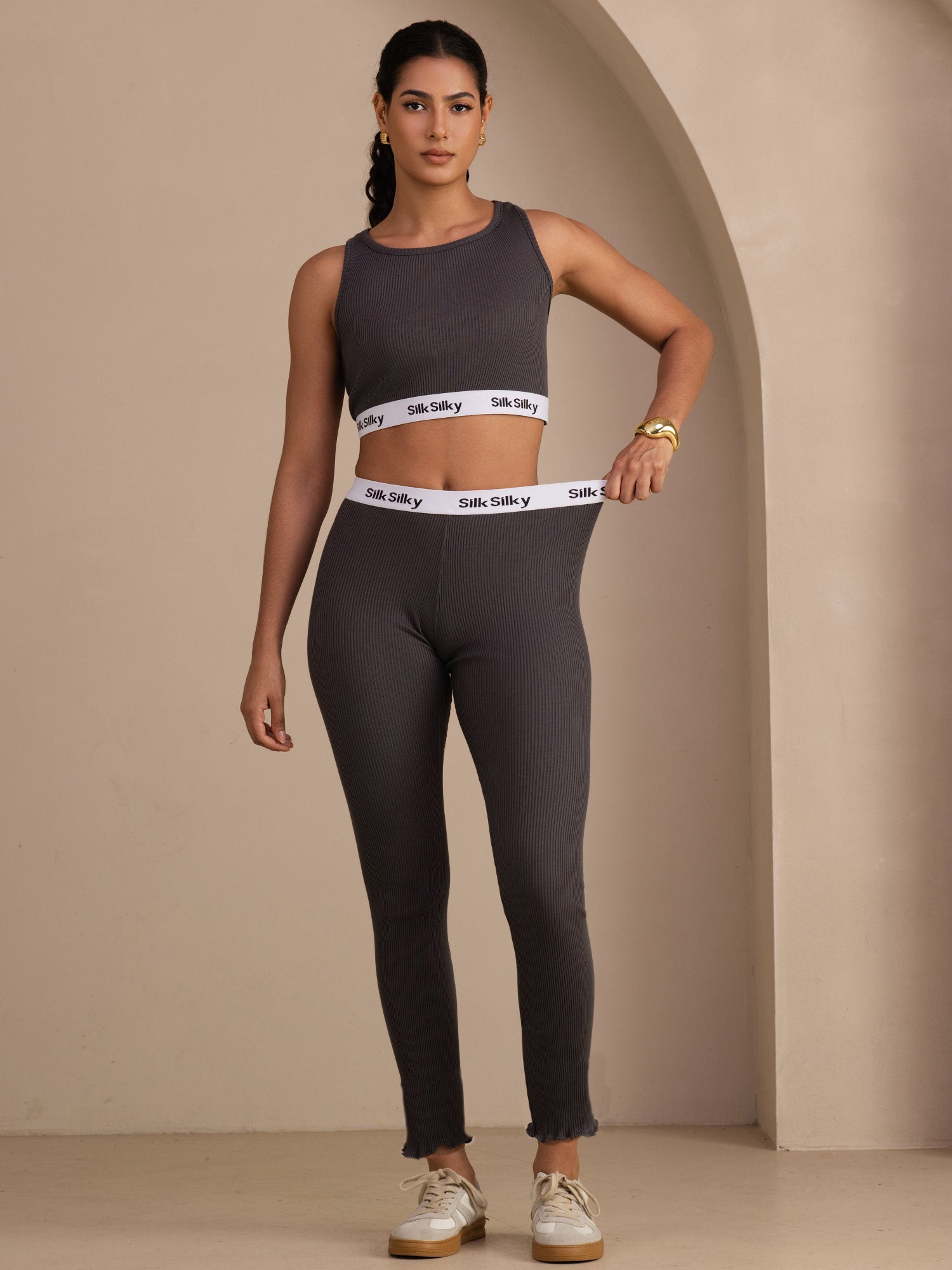 Seide Baumwolle Hochtaillierte Kordel Schlanke Jogger Hose Mit Seitentaschen