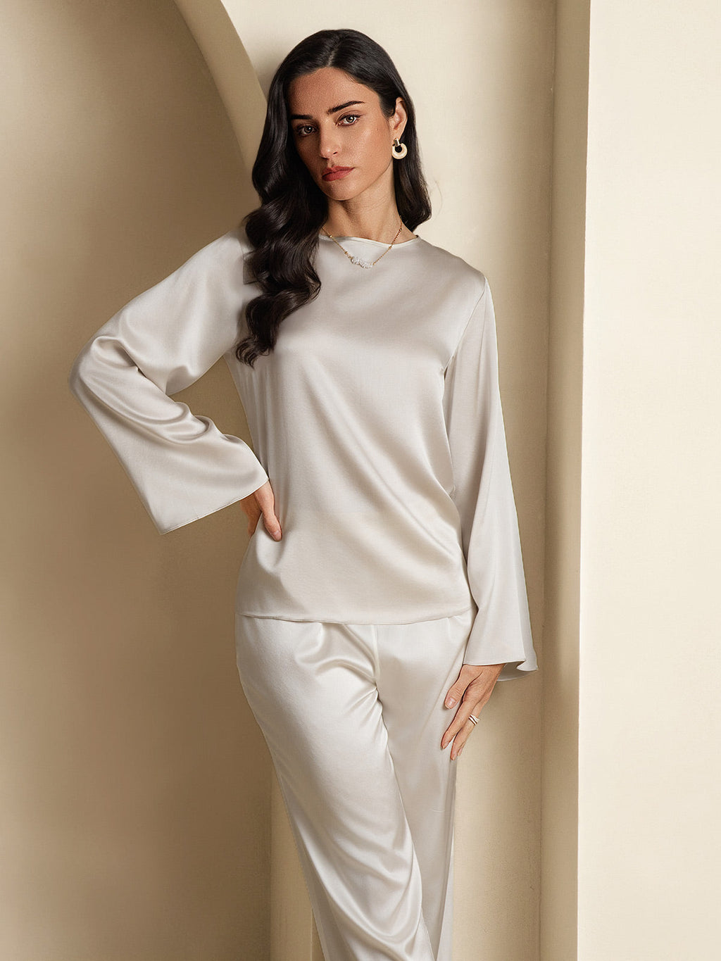 Clearance - 19Momme Seide Relaxed Langarm Bluse