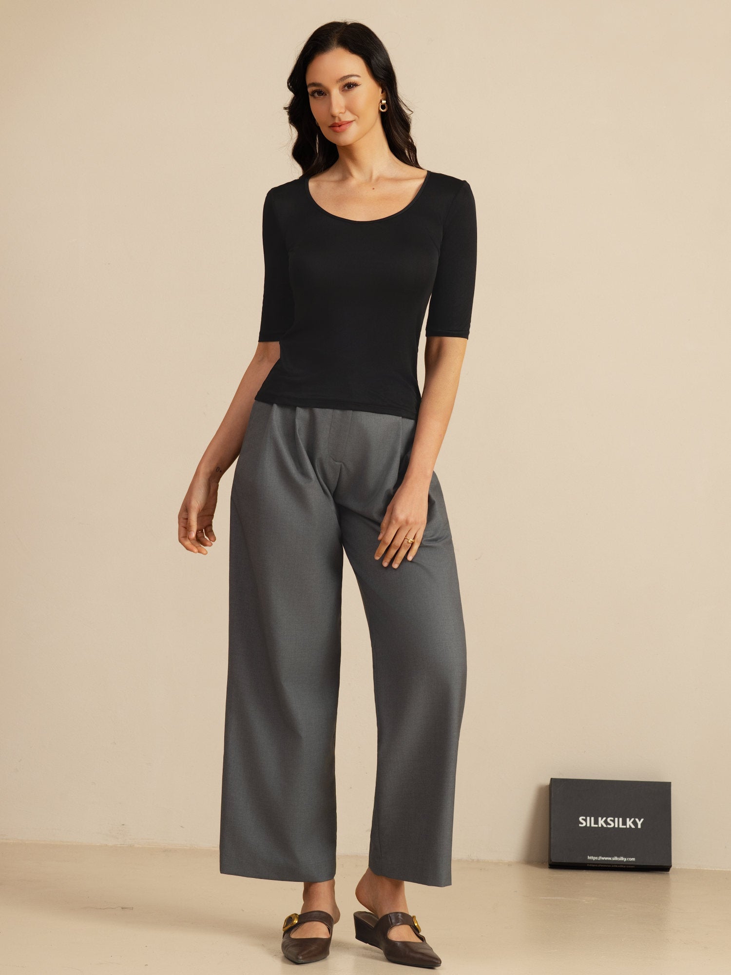 Reines Seiden Damen Halbarm Rundhals Top