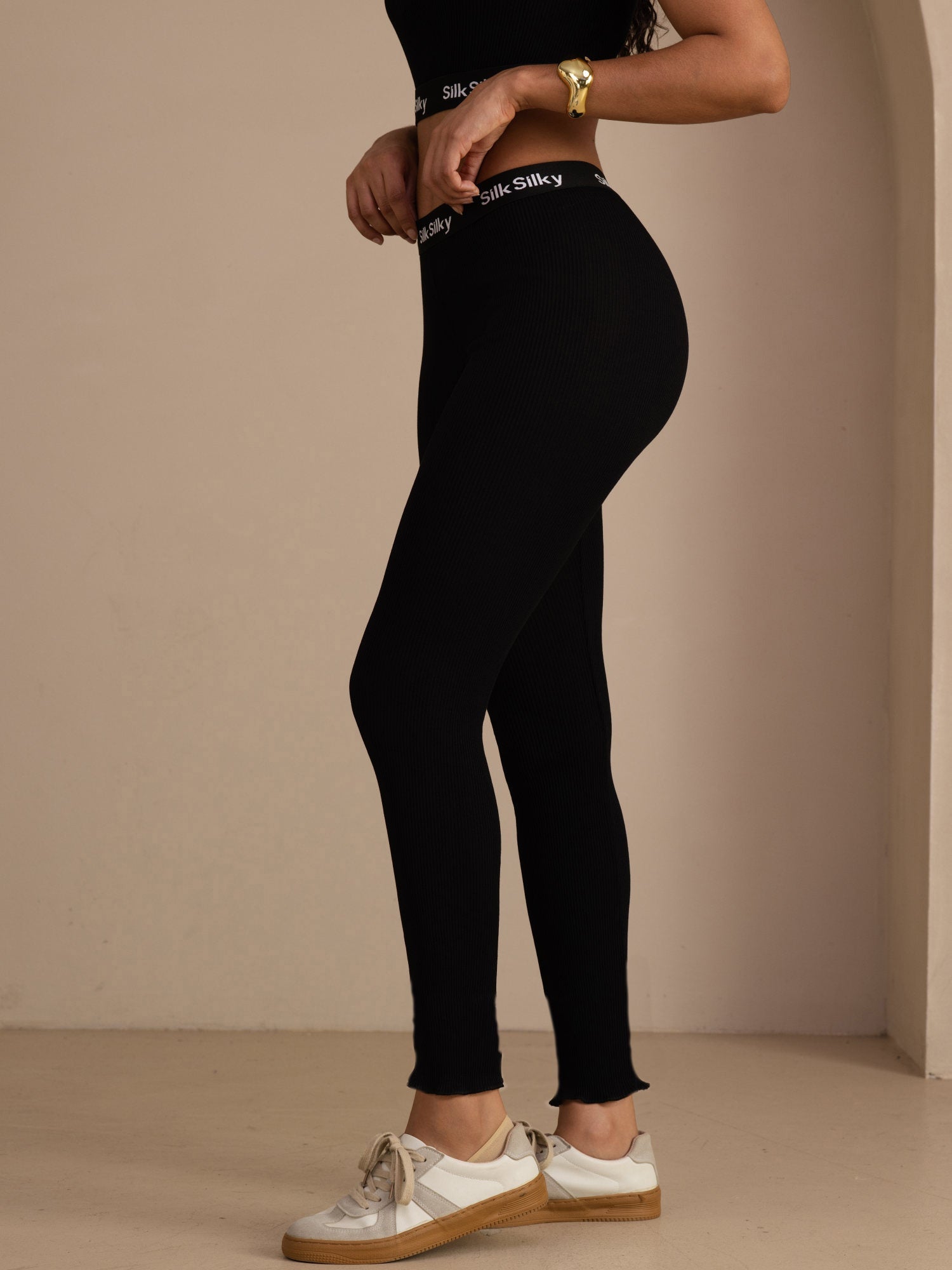 Seide Baumwolle Hochtaillierte Kordel Schlanke Jogger Hose Mit Seitentaschen