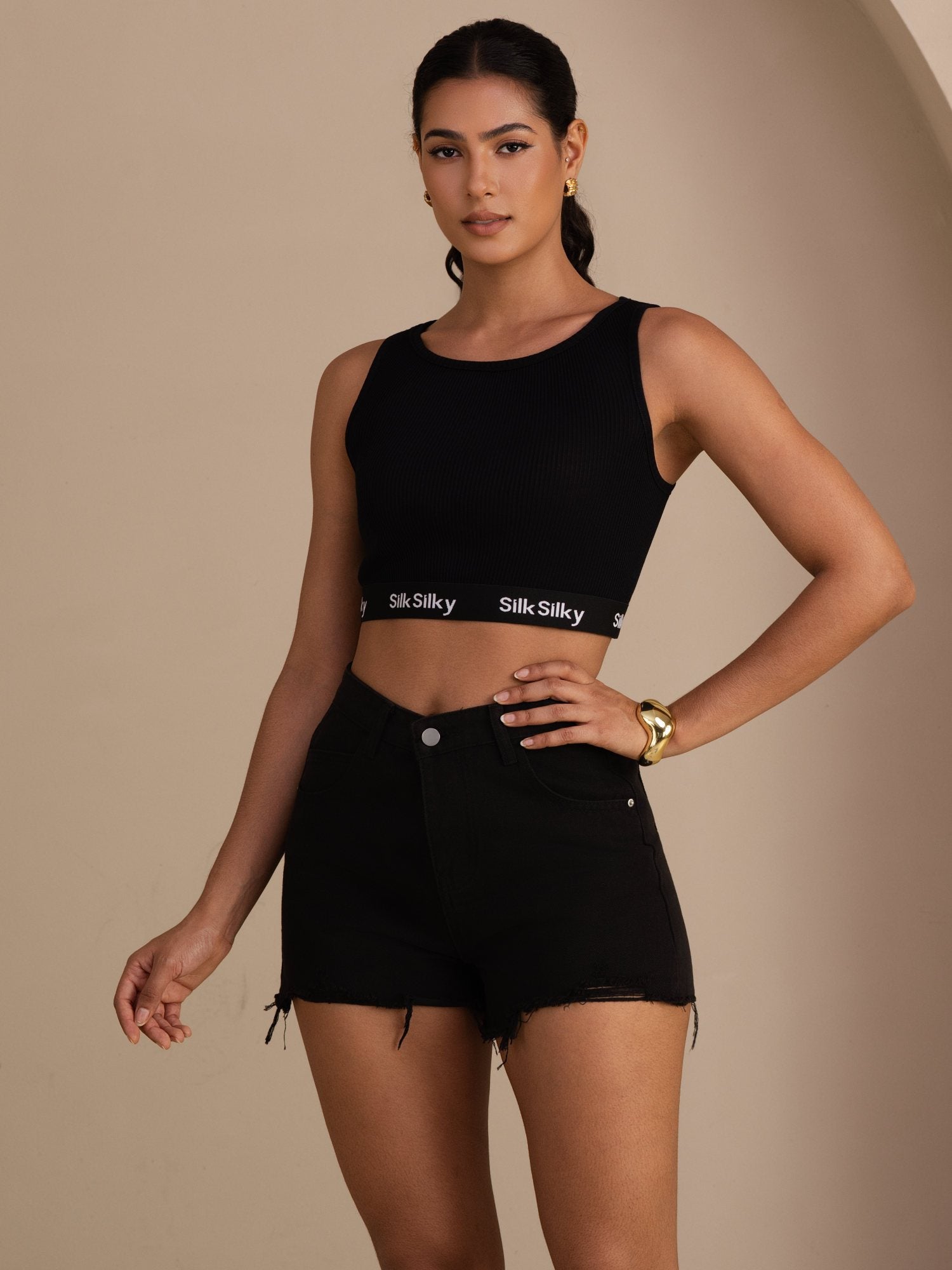 Seiden Baumwoll Sportliches Crop Tanktop Mit Elastischem Logoband