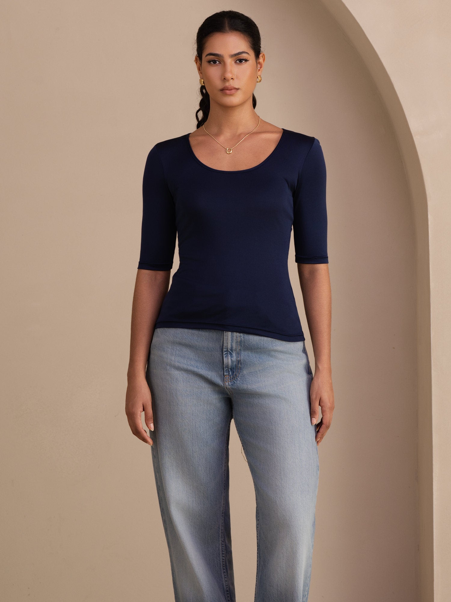 Reines Seiden Damen Halbarm Rundhals Top