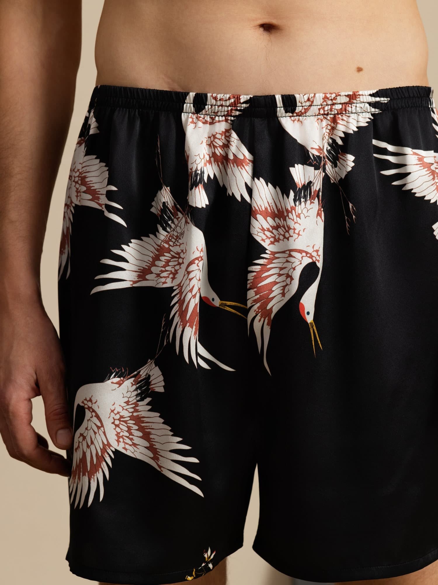 19Momme Reine Seide Herren Kranich Druck Elastischer Taillen Schlaf Shorts
