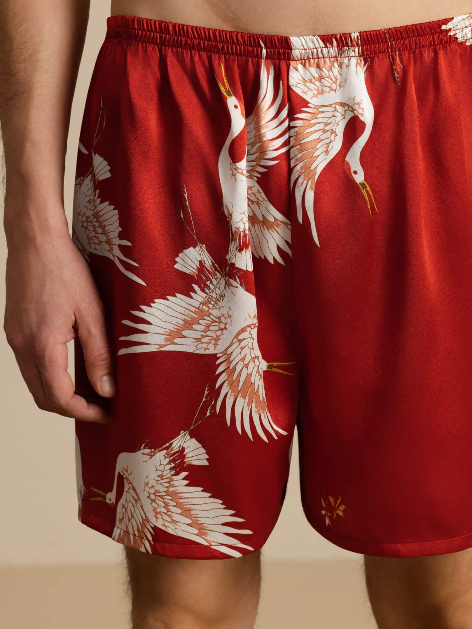 19Momme Reine Seide Herren Kranich Druck Elastischer Taillen Schlaf Shorts