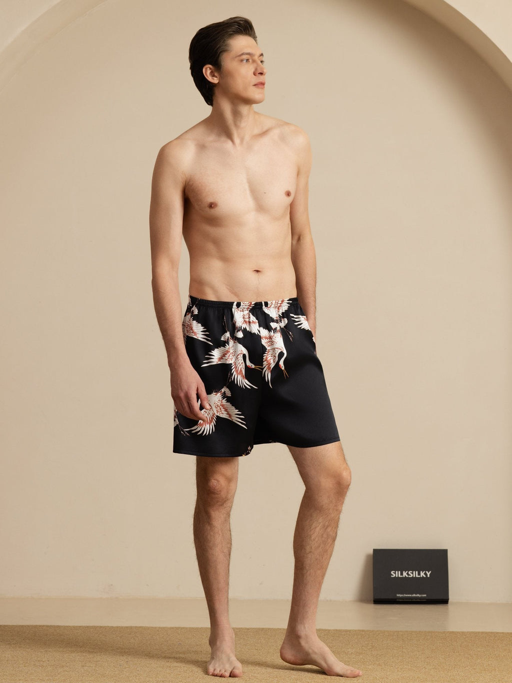 19Momme Reine Seide Herren Kranich Druck Elastischer Taillen Schlaf Shorts