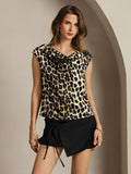 Clearance - 19Momme Seide Leopardenprint Cap Sleeve Wasserfallkragen Damenoberteil