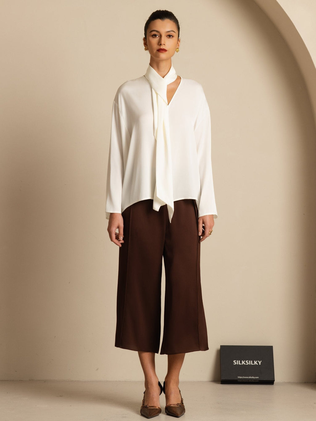 Clearance - 19Momme Seide Damen Asymmetrische Bindung V-Ausschnitt Bluse
