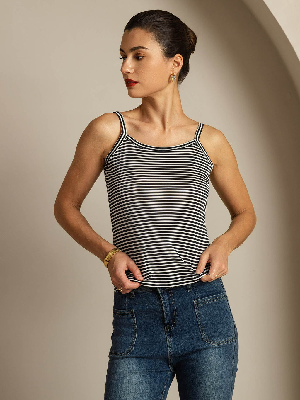 Reines Seiden Spaghettiträger Quadratischer Ausschnitt Gestreiftes Camisole Top