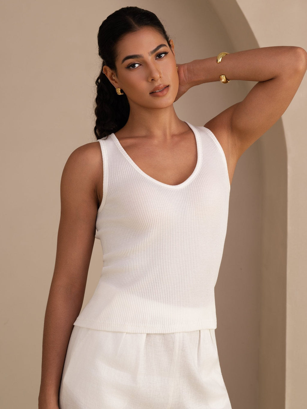 Damen Tanktop Aus Seiden Baumwollmischung Mit Tiefem V Ausschnitt Und Ärmellosem Design