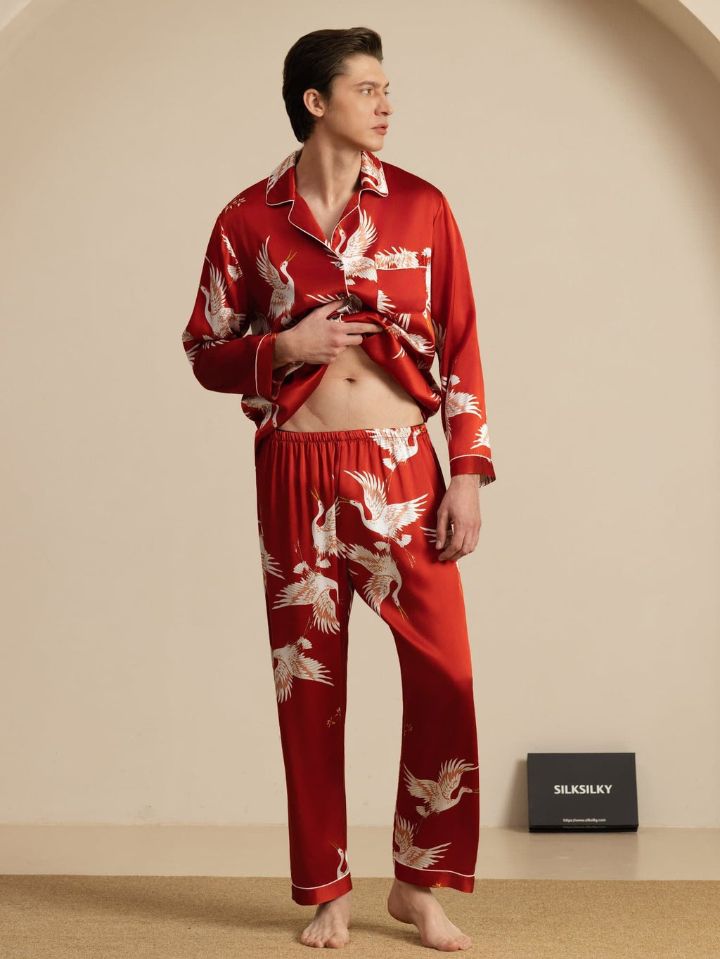 19Momme Reiner Seiden Herren Kranichdruck Langarm Notch Kragen Pyjama Set