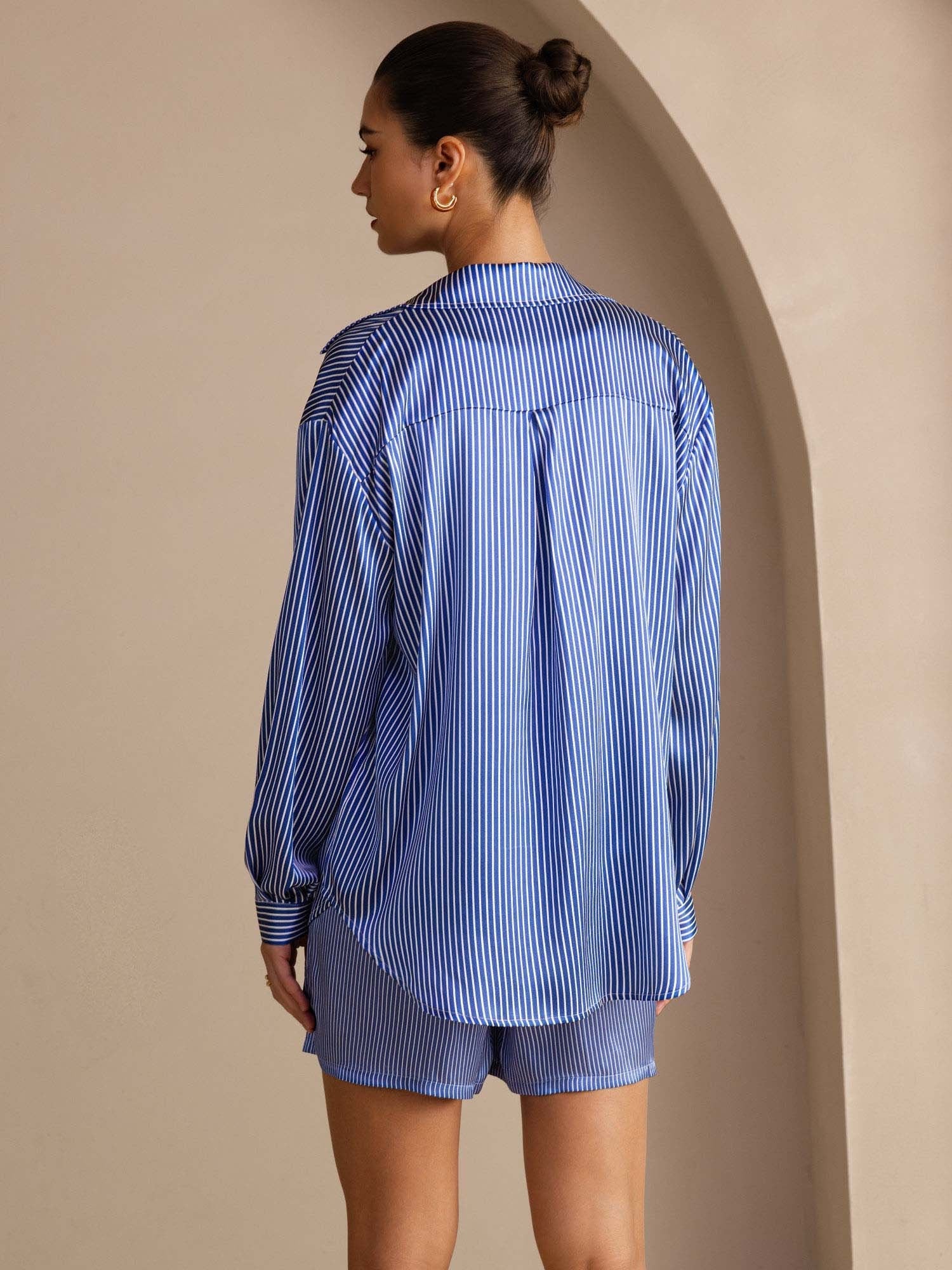 19 Momme Seide Damen Gestreift Muster Langarm Hemd Und Shorts Set