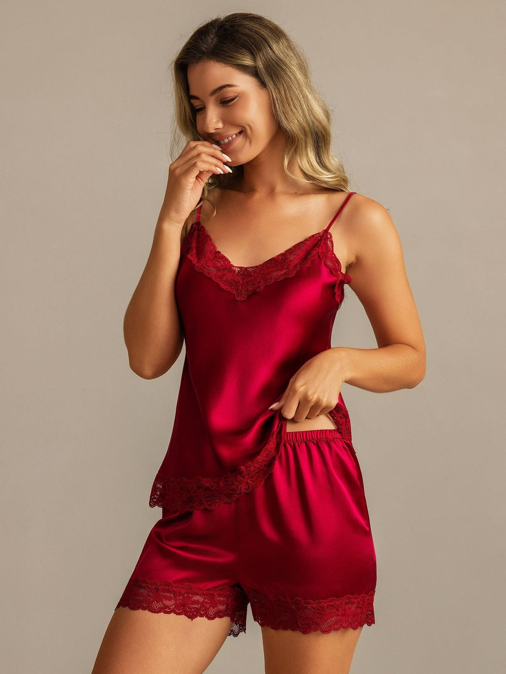 Reine Seide Spitzenbesatz Spaghettiträger V Ausschnitt Sexy Camisole Set