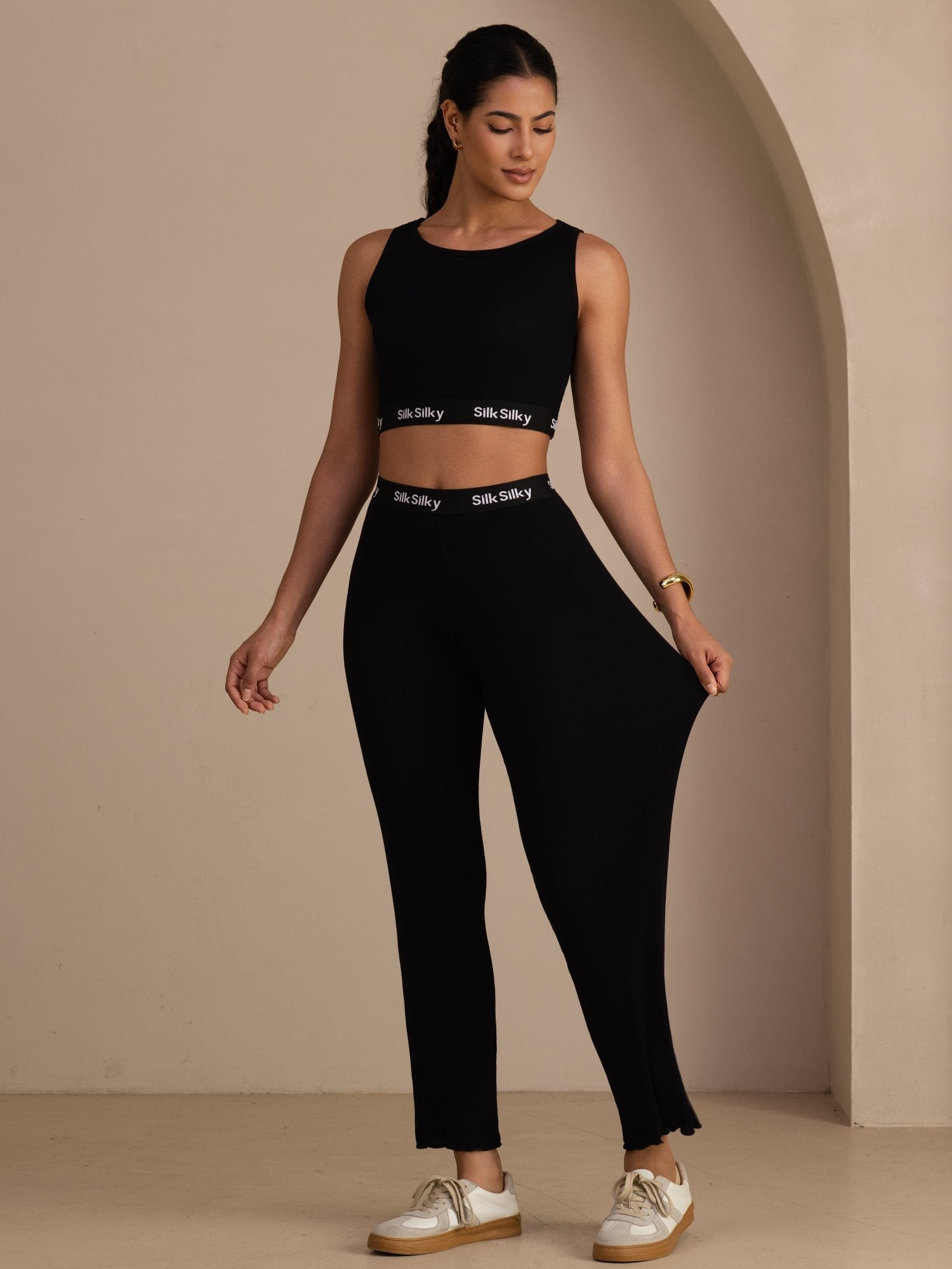 Seiden Baumwoll Sportliches Crop Tanktop Und Gerade Bein Lange Hose Set