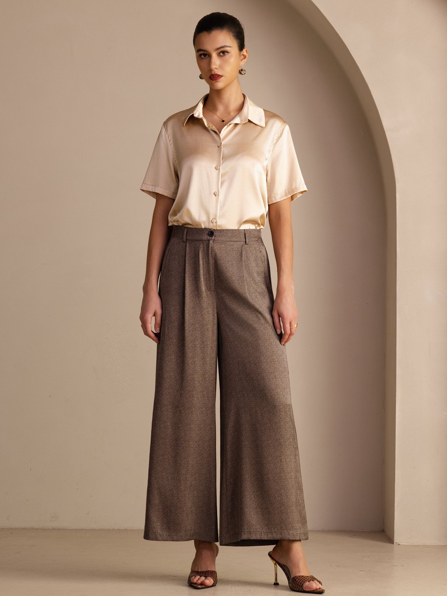 22Momme Seide Damen Hochtaillierte Weitbein Business Klassische Hose Mit Taschen