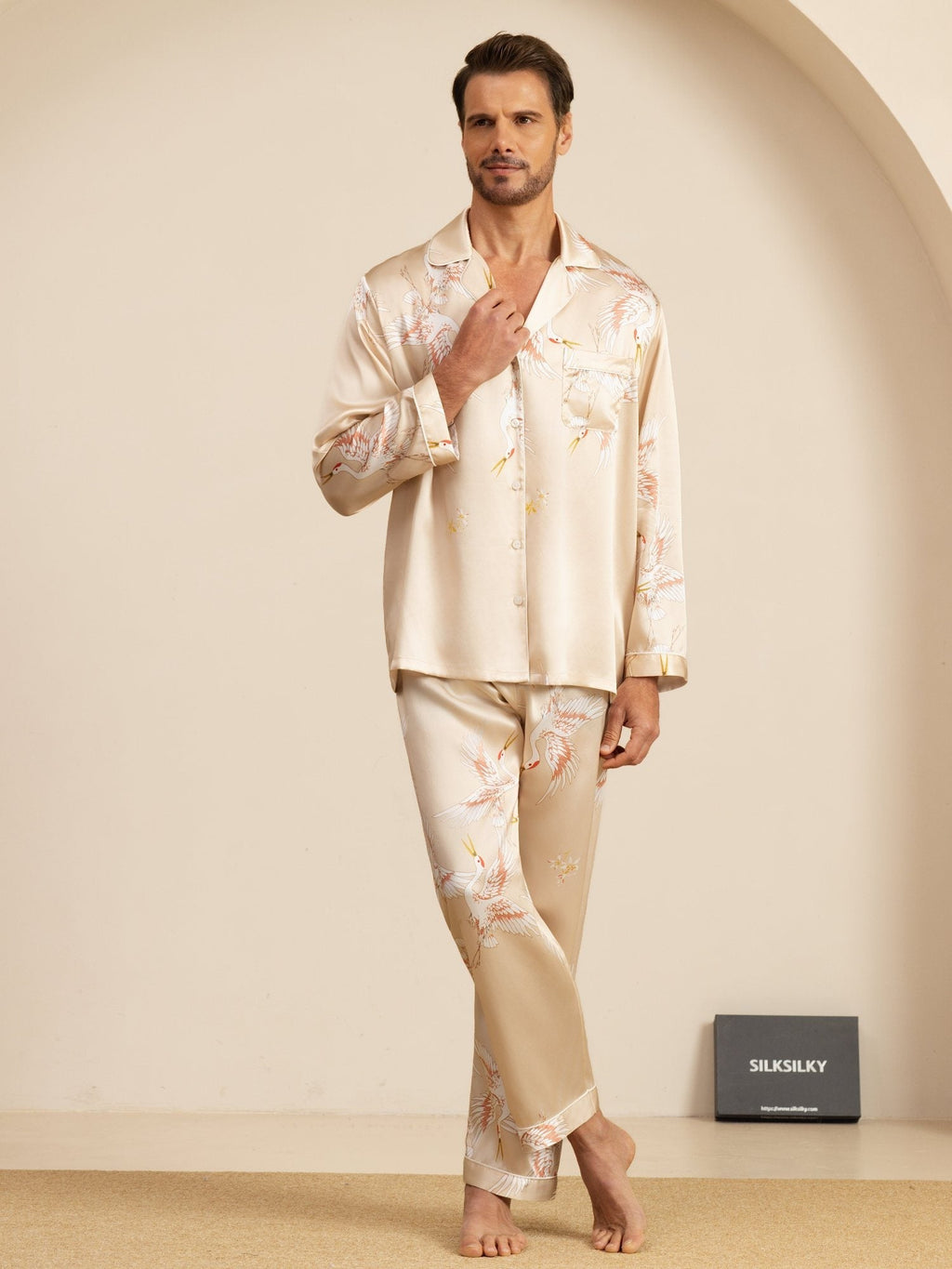 19Momme Reiner Seiden Herren Kranichdruck Langarm Notch Kragen Pyjama Set