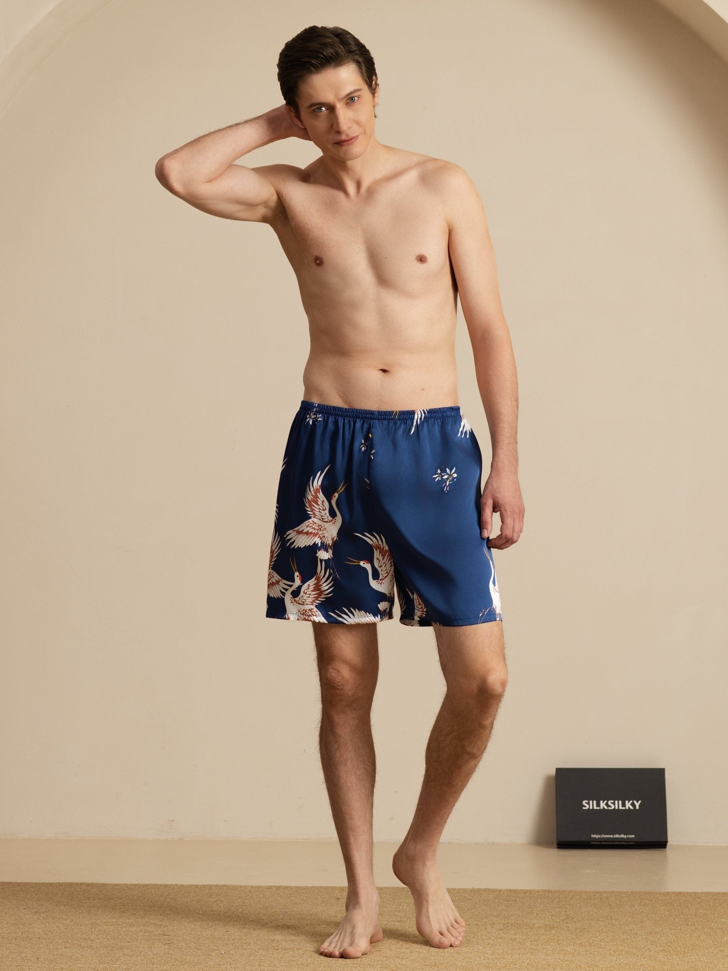 19Momme Reine Seide Herren Kranich Druck Elastischer Taillen Schlaf Shorts
