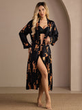 100% Maulbeerseide Damen Midi Morgenmantel Mit Tiger Print Und Gürtel