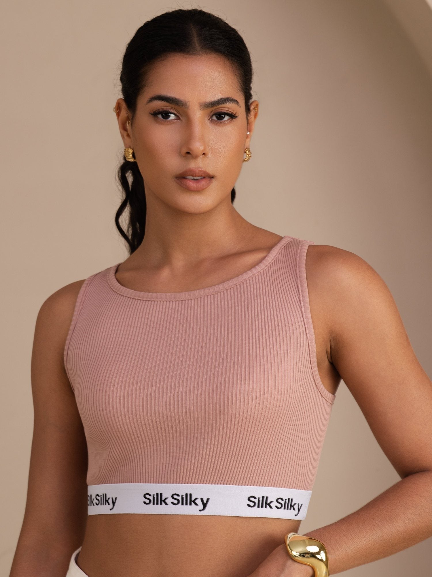 Seiden Baumwoll Sportliches Crop Tanktop Mit Elastischem Logoband