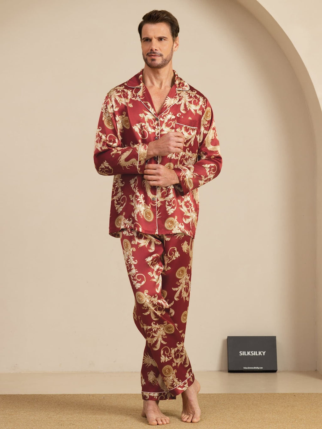 Pure Seide Herren Drachen Print Langarm Notch Kragen Pyjama Set