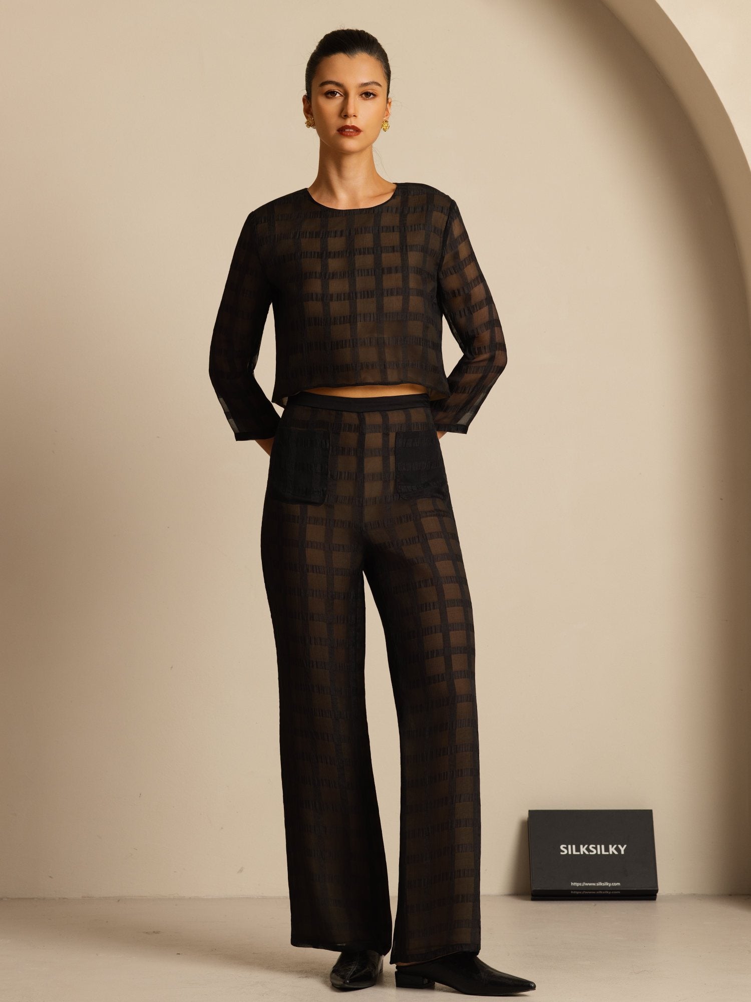Clearance - Reine Seide Damen High-Waist Strukturierte Gitter Wide-Leg Hose Mit Taschen