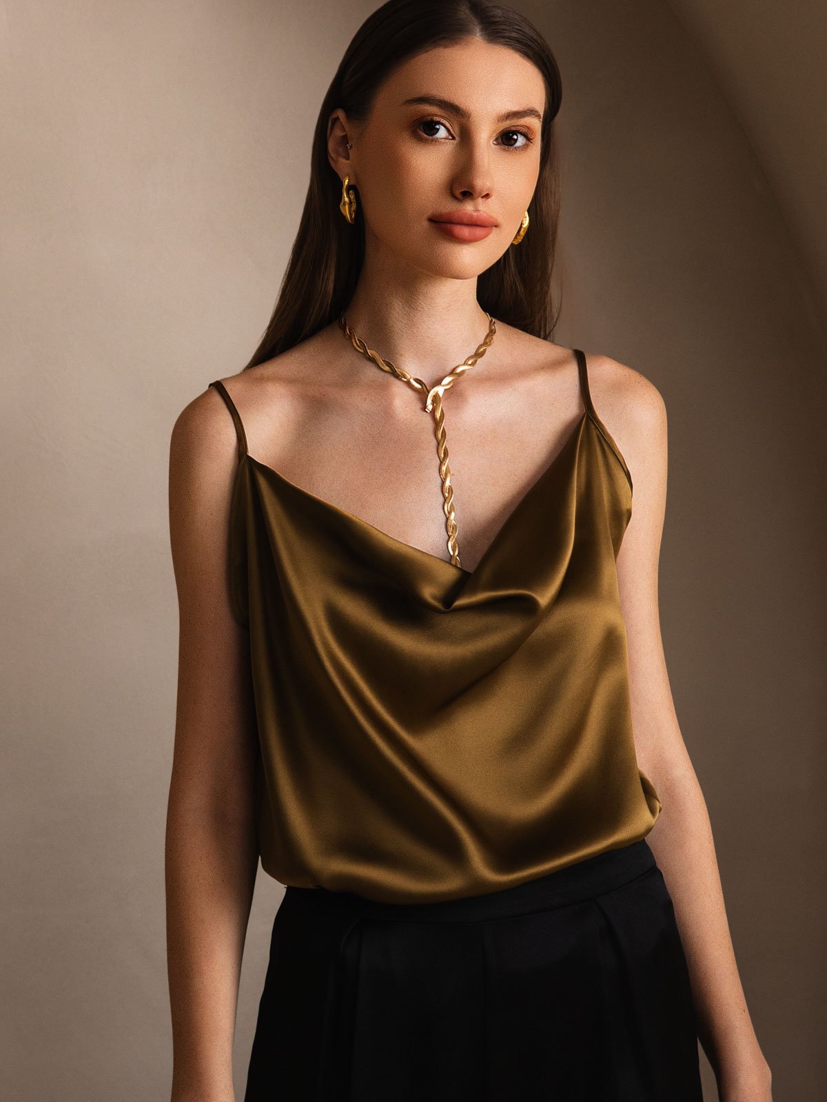 Clearance - 19Momme Seide Wasserfallkragen Spaghettitr?ger Camisole Oberteil
