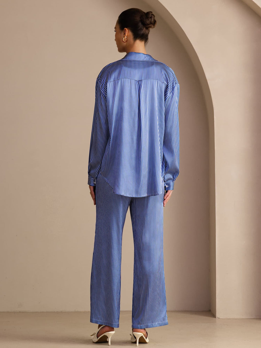 19 Momme Seide Damen Nadelstreifen Muster Langarm Hemd Und Lange Hose Set