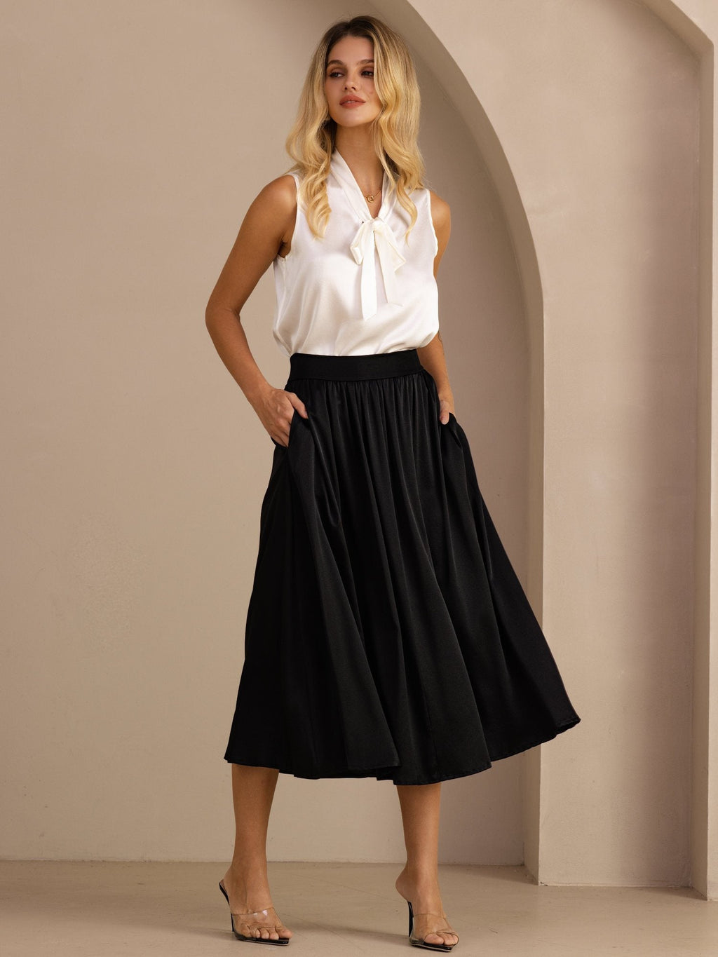 19Momme Seide Hoch taillierter A Linien Plisseelangrock Mit Seitentaschen