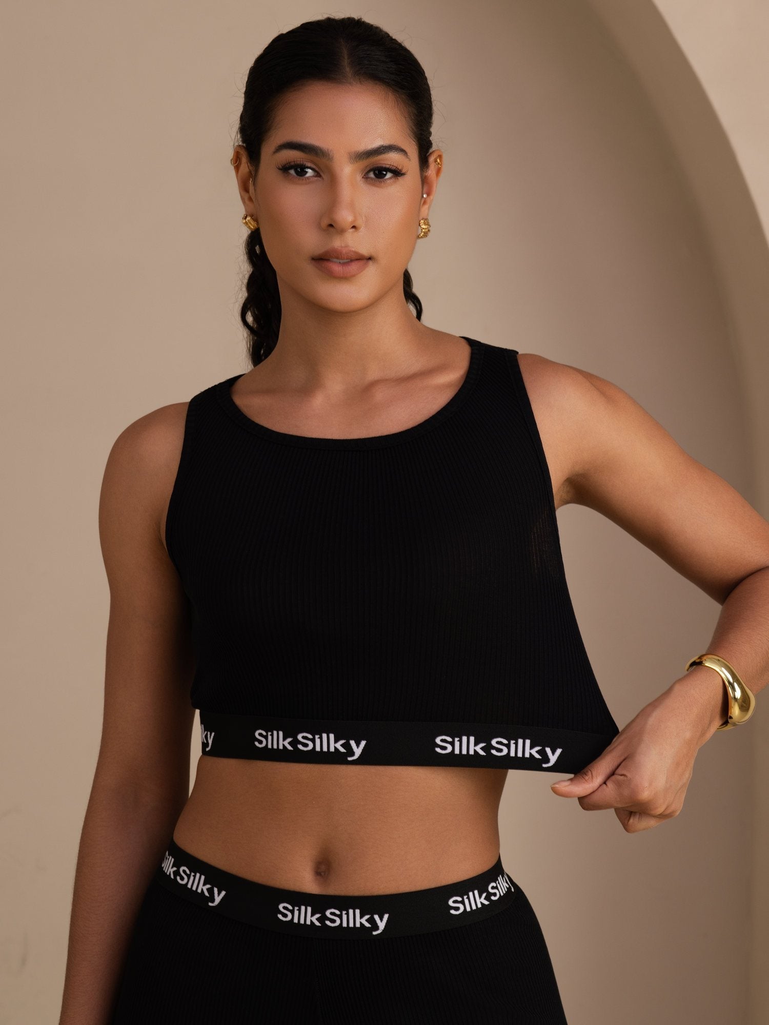 Seiden Baumwoll Sportliches Crop Tanktop Mit Elastischem Logoband