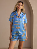 100% Maulbeerseide Damen Kurzararm Knopf Pyjama Set Mit Fisch Print