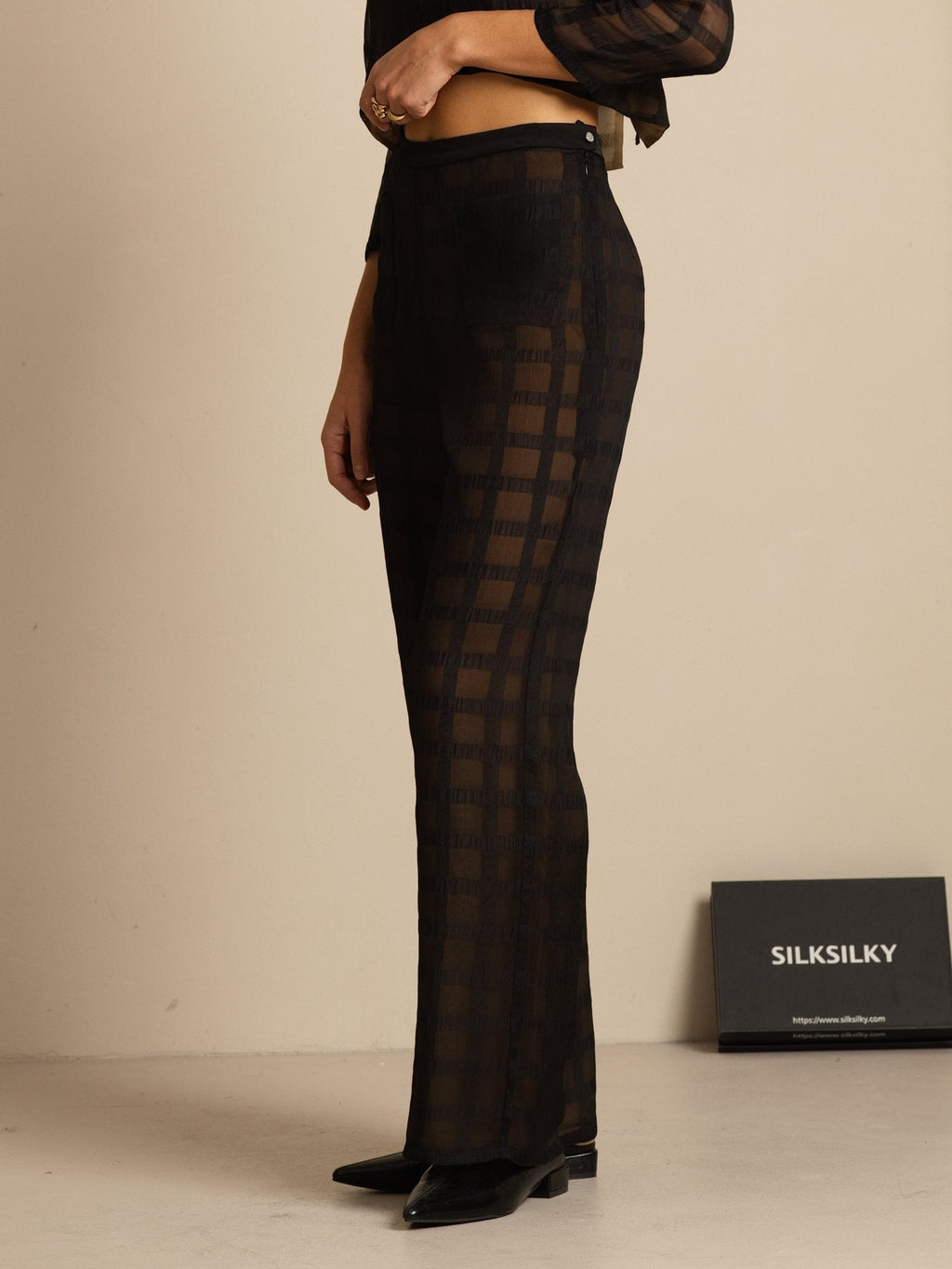 Clearance - Reine Seide Damen High-Waist Strukturierte Gitter Wide-Leg Hose Mit Taschen