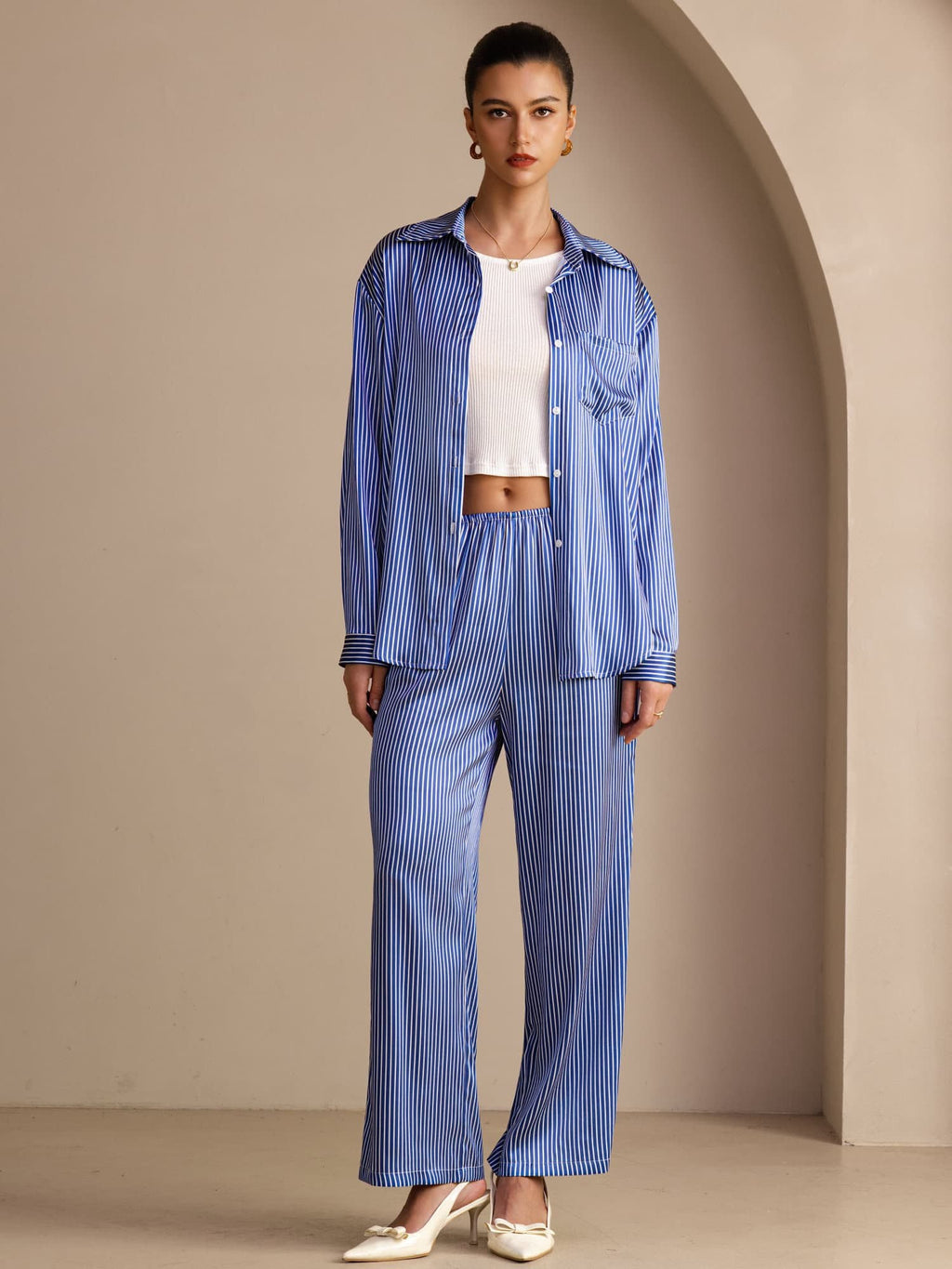 19 Momme Seide Damen Nadelstreifen Muster Langarm Hemd Und Lange Hose Set