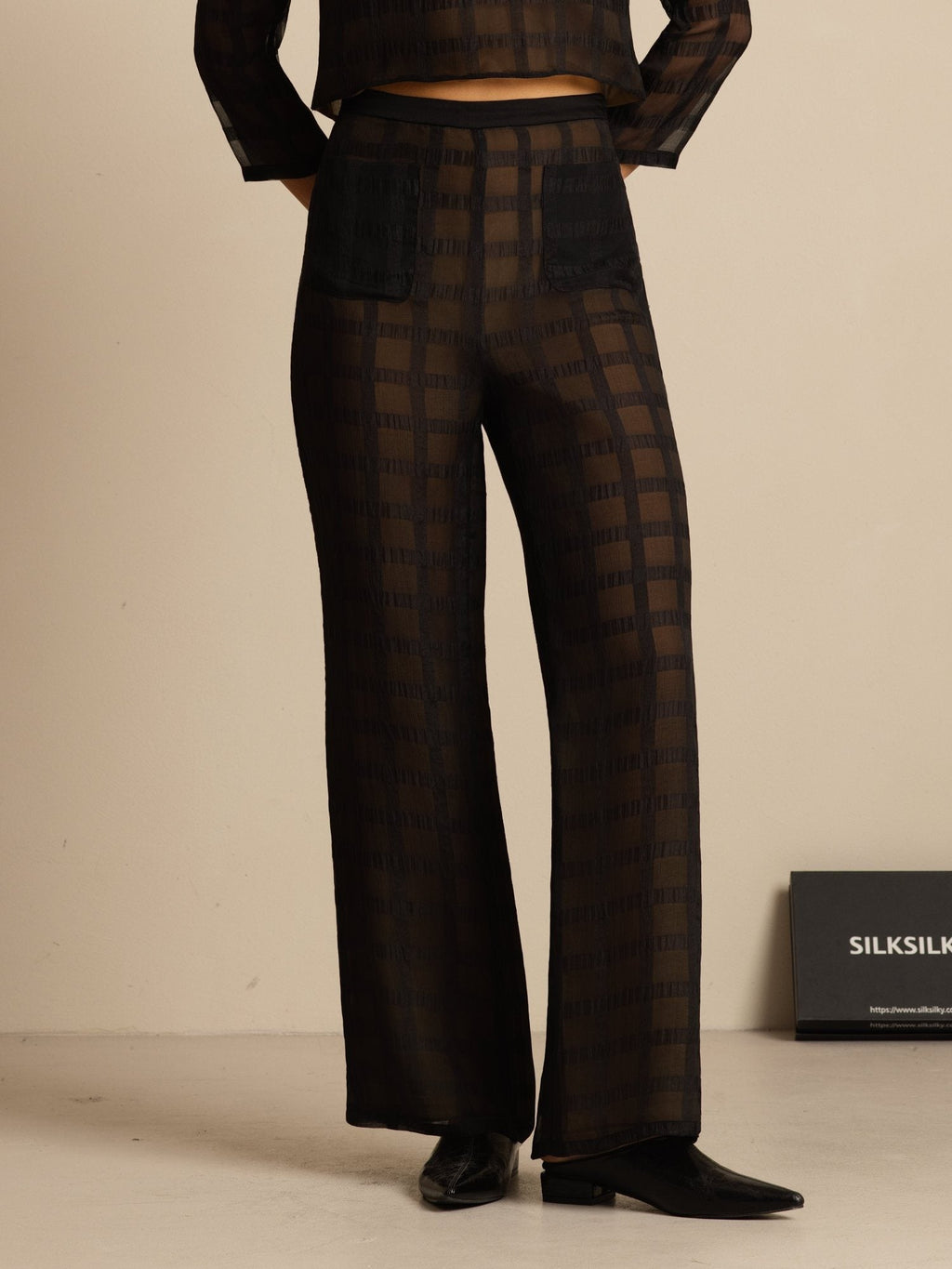 Clearance - Reine Seide Damen High-Waist Strukturierte Gitter Wide-Leg Hose Mit Taschen