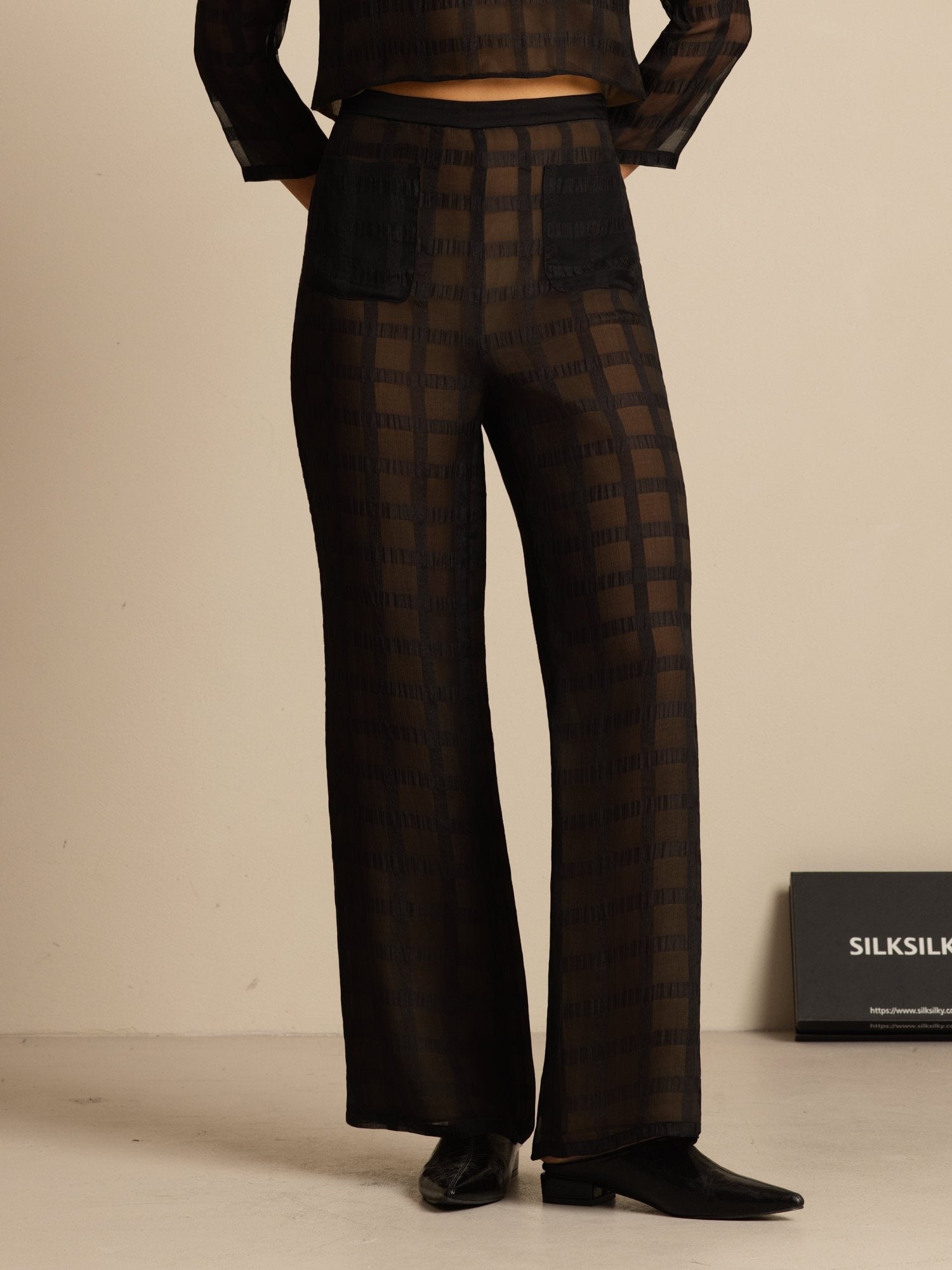Clearance - Reine Seide Damen High-Waist Strukturierte Gitter Wide-Leg Hose Mit Taschen