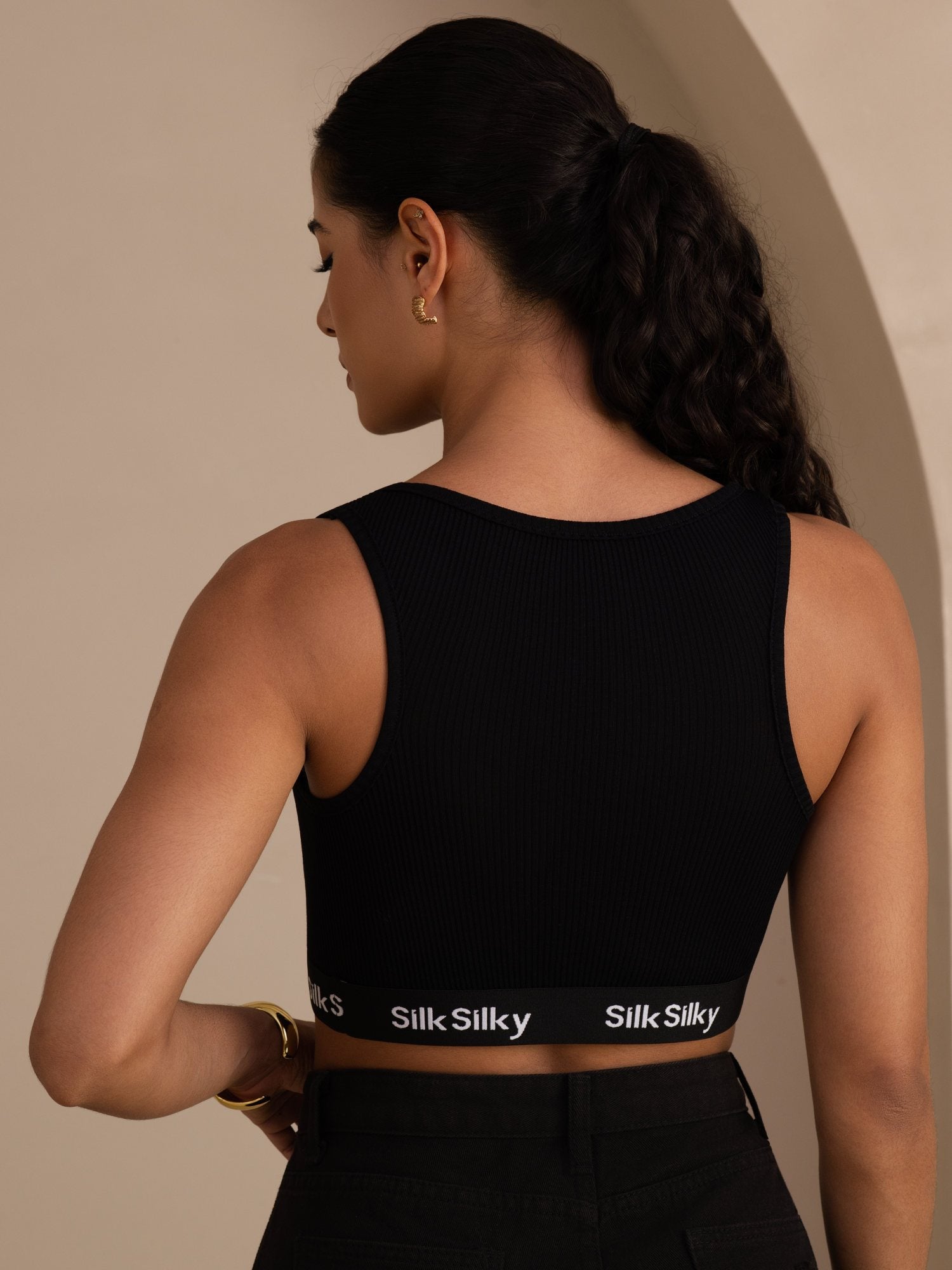 Seiden Baumwoll Sportliches Crop Tanktop Mit Elastischem Logoband