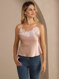 19Momme Seiden Damen Verstellbares Spaghettiträger V Ausschnitt Spitzenbesatz Camisole Top