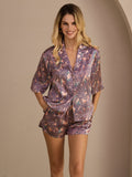 19Momme 100% Maulbeerseide Damen Pyjama Set Mit Palmenbaumdruck Kurzarm Knopfleiste
