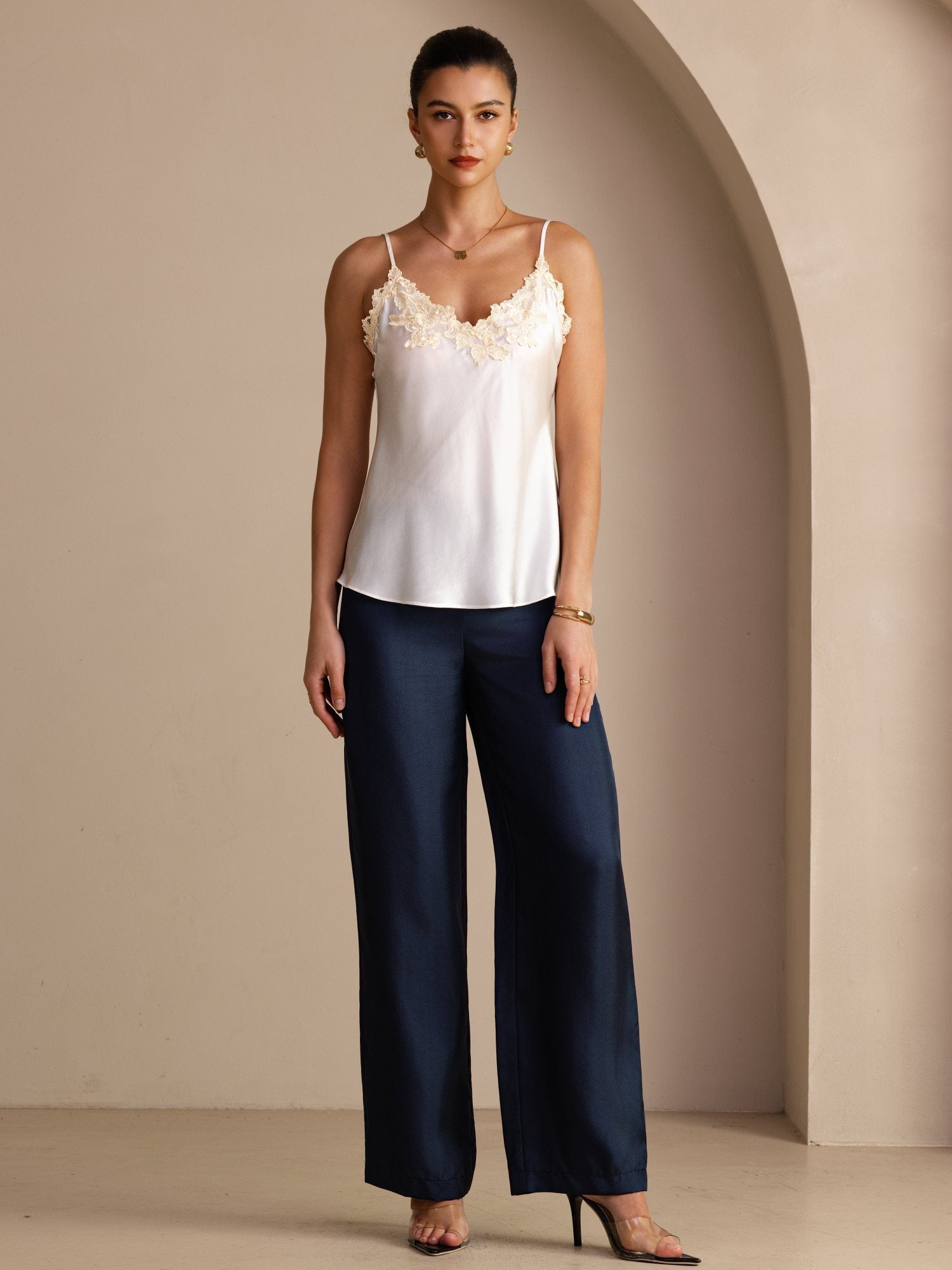 100 Prozent Maulbeerseide Spaghettiträger V Ausschnitt Spitzen Camisole Top