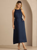 Midi Kleid Aus 100 Prozent Maulbeerseide Mit Rundhalsausschnitt Ärmellosem Design Und Bindegürtel