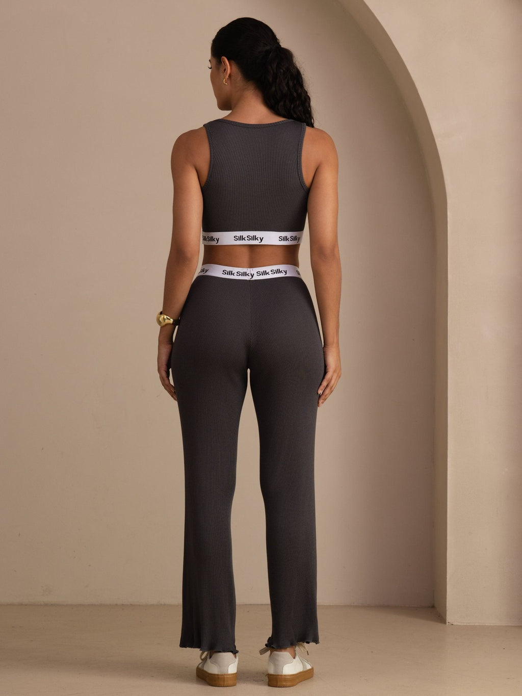 Seiden Baumwoll Sportliches Crop Tanktop Und Gerade Bein Lange Hose Set