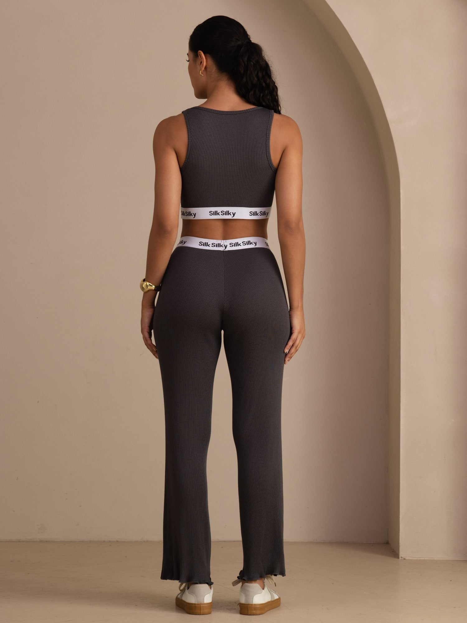 Seiden Baumwoll Sportliches Crop Tanktop Und Gerade Bein Lange Hose Set